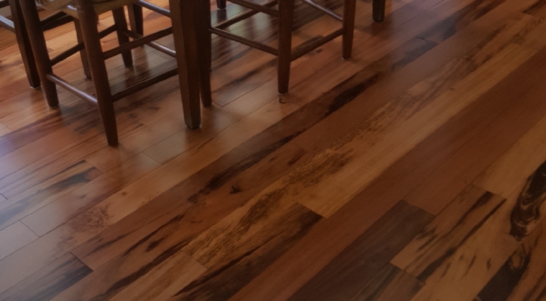 Tigerwood Clear Grade Prefinished Engineered exotic wood floor install photo